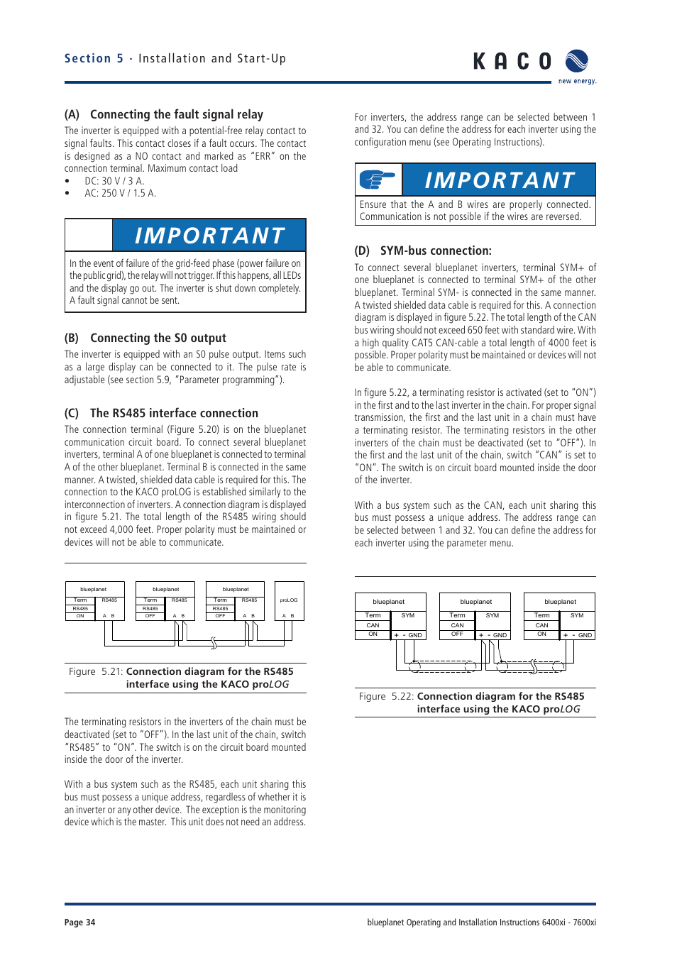 Important, D) sym-bus connection, A) connecting the fault signal relay | B) connecting the s0 output, C) the rs485 interface connection | KACO blueplanet 6400xi User Manual | Page 33 / 46