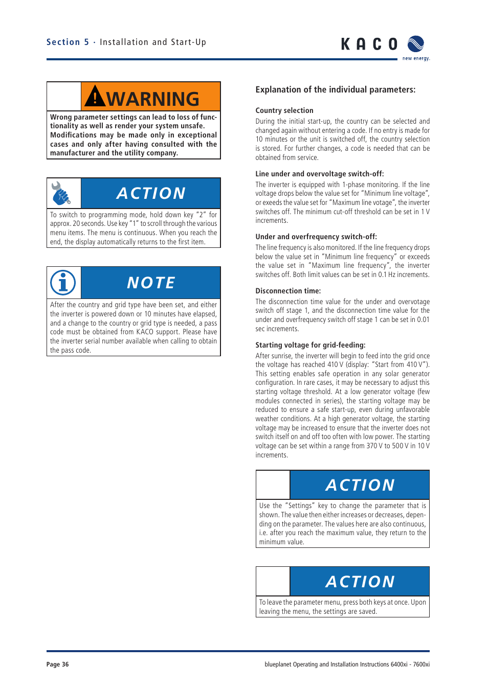 Warning, Action | KACO blueplanet 6400xi User Manual | Page 35 / 46