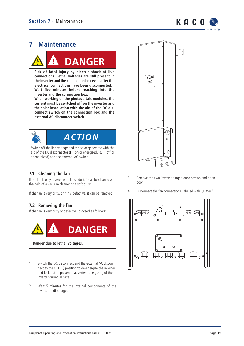 Danger, Action, 7 maintenance | KACO blueplanet 6400xi User Manual | Page 38 / 46