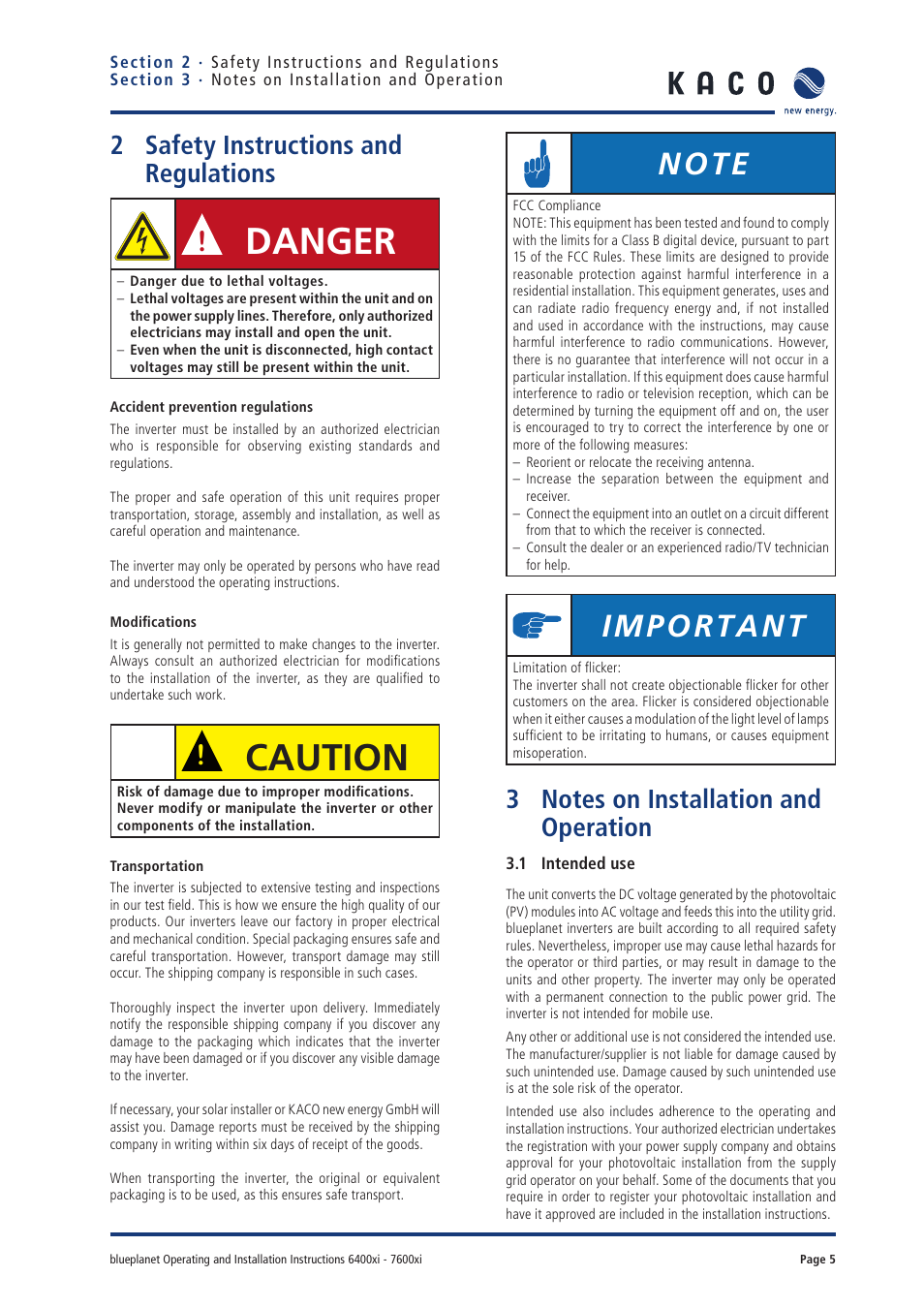 Danger, Caution, Important | 2 safety instructions and regulations | KACO blueplanet 6400xi User Manual | Page 4 / 46