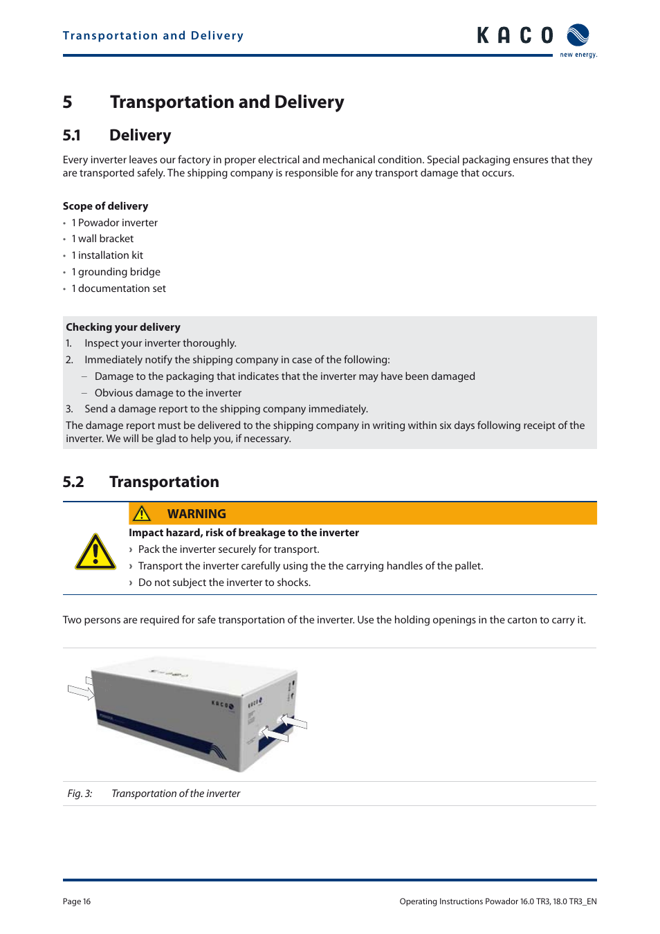 5transportation and delivery, 1 delivery, 2 transportation | KACO Powador 16.0 TR3 User Manual | Page 15 / 58