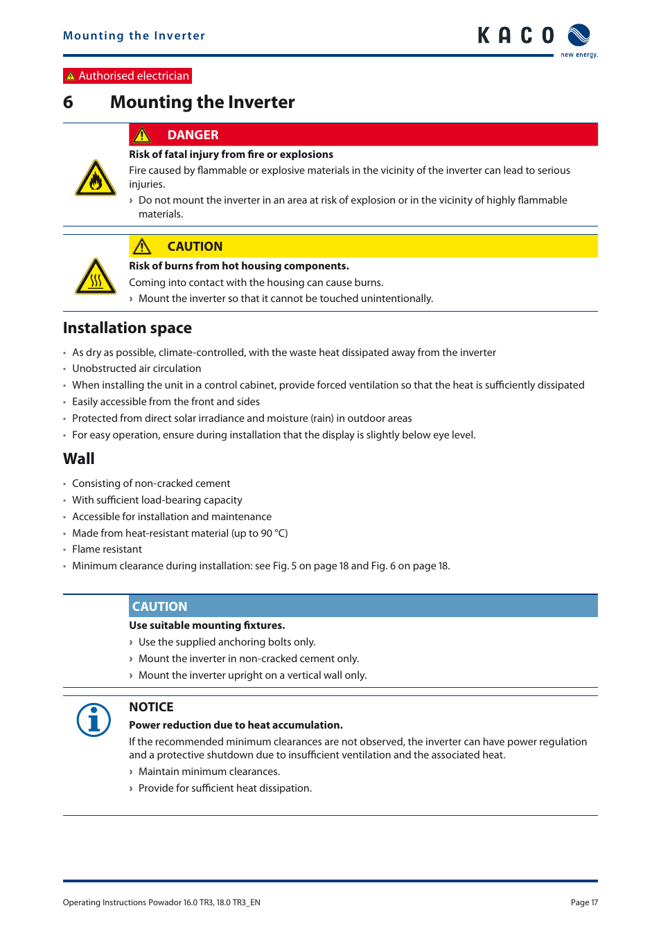 6mounting the inverter, Installation space, Wall | KACO Powador 16.0 TR3 User Manual | Page 16 / 58