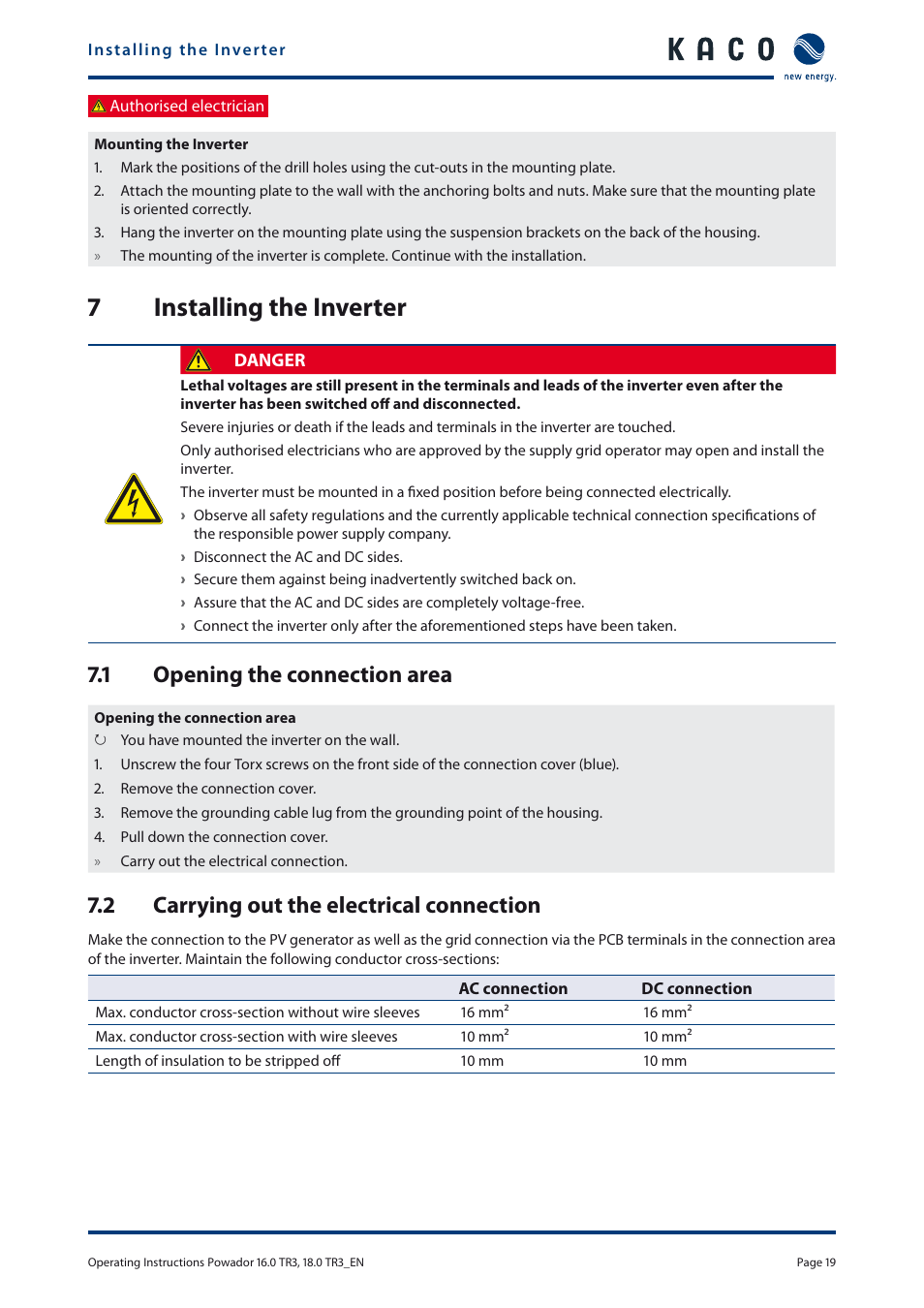 7installing the inverter, 1 opening the connection area, 2 carrying out the electrical connection | KACO Powador 16.0 TR3 User Manual | Page 18 / 58