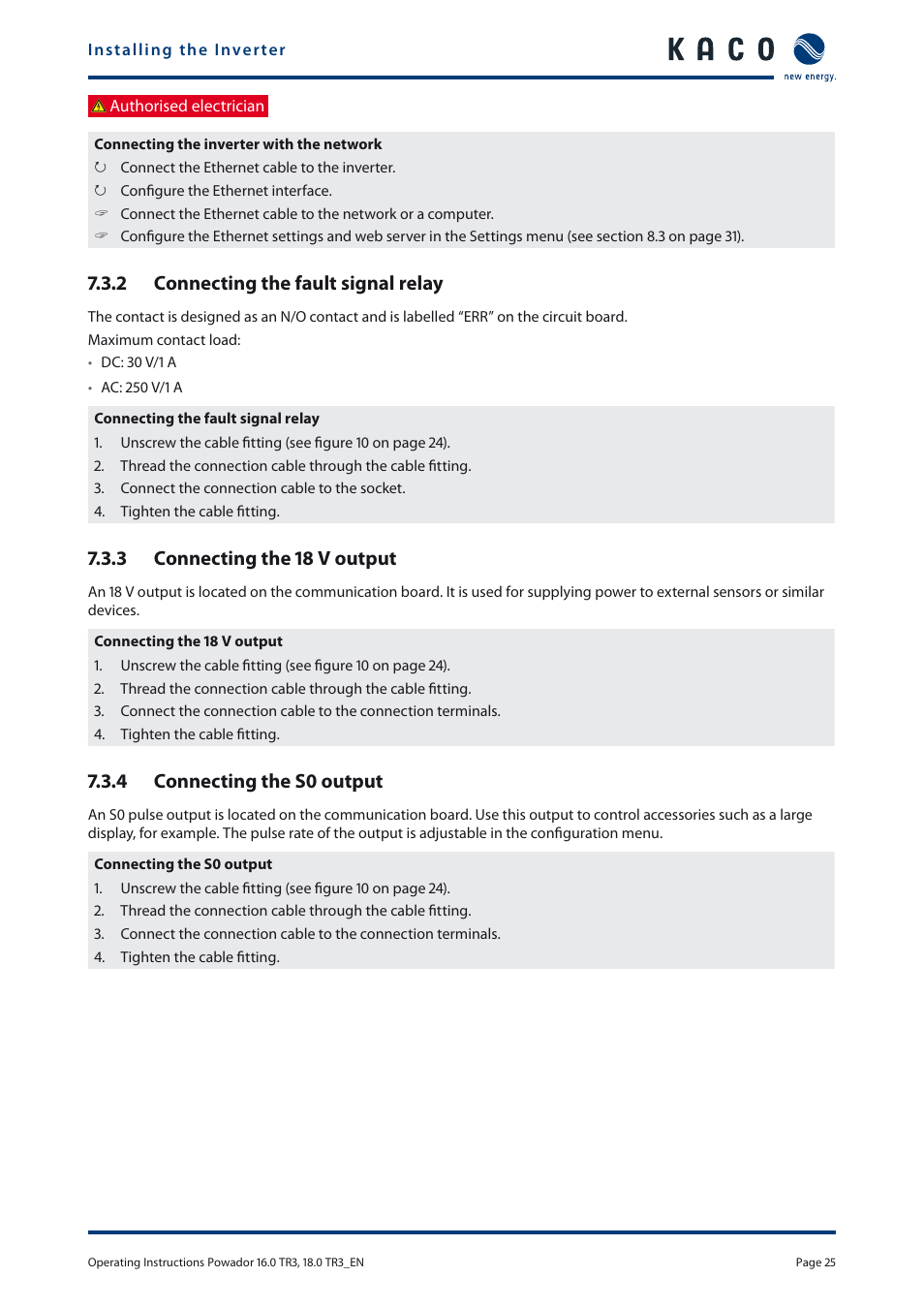 2 connecting the fault signal relay, 3 connecting the 18 v output, 4 connecting the s0 output | KACO Powador 16.0 TR3 User Manual | Page 24 / 58