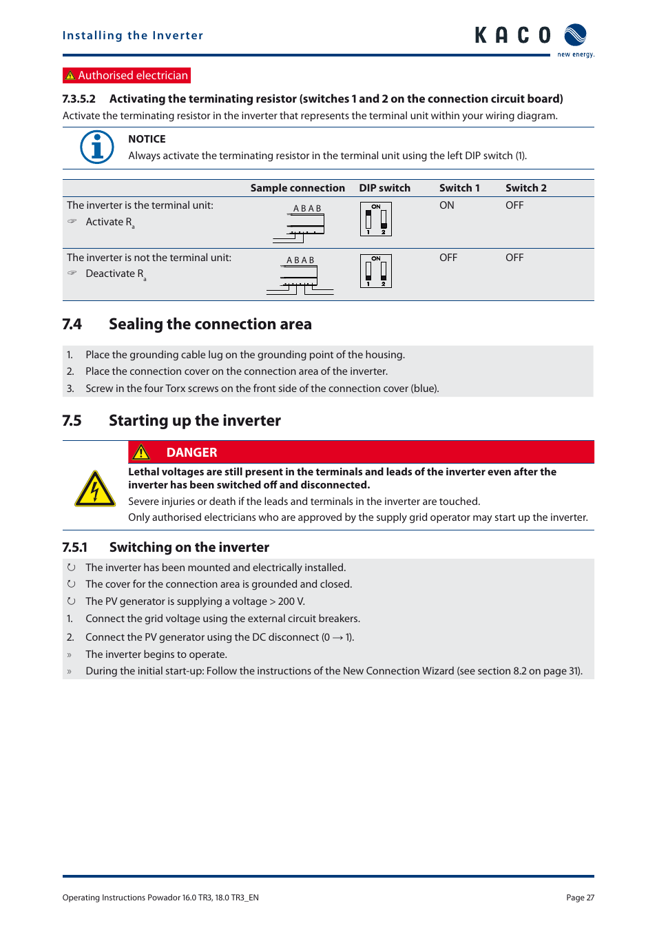 4 sealing the connection area, 5 starting up the inverter, 1 switching on the inverter | KACO Powador 16.0 TR3 User Manual | Page 26 / 58