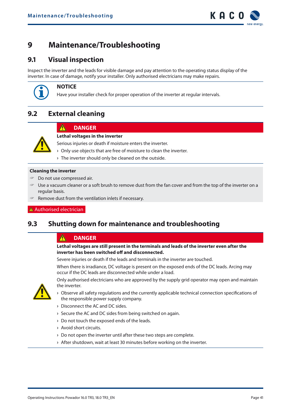 9 maintenance/troubleshooting, 1 visual inspection, 2 external cleaning | KACO Powador 16.0 TR3 User Manual | Page 40 / 58