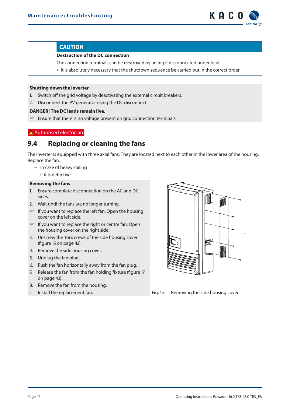 4 replacing or cleaning the fans | KACO Powador 16.0 TR3 User Manual | Page 41 / 58