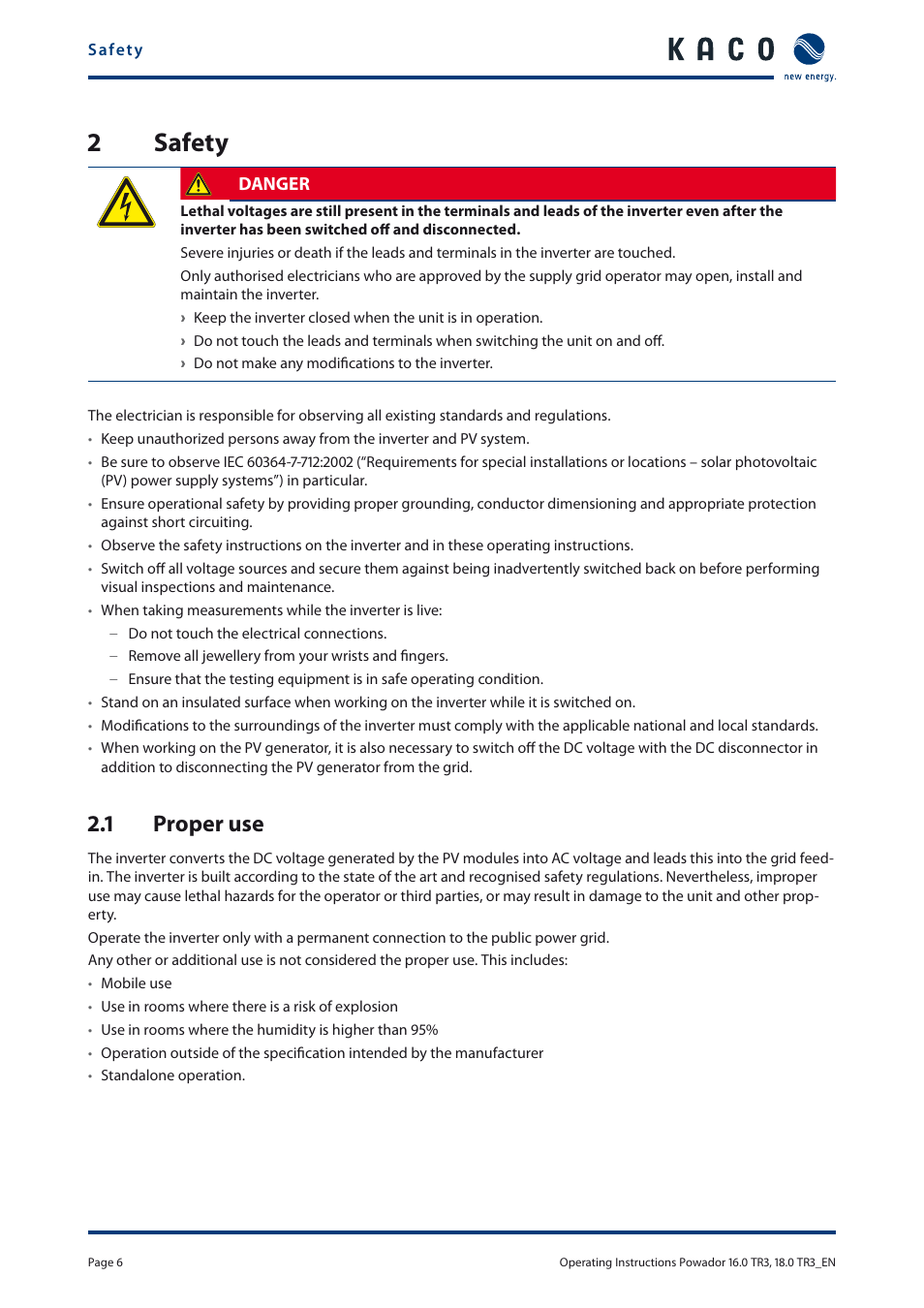 2 safety, 1 proper use | KACO Powador 16.0 TR3 User Manual | Page 5 / 58