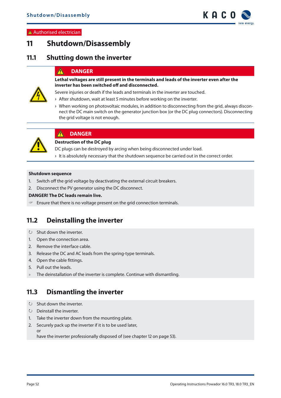 11 shutdown/disassembly, 1 shutting down the inverter, 2 deinstalling the inverter | 3 dismantling the inverter | KACO Powador 16.0 TR3 User Manual | Page 51 / 58