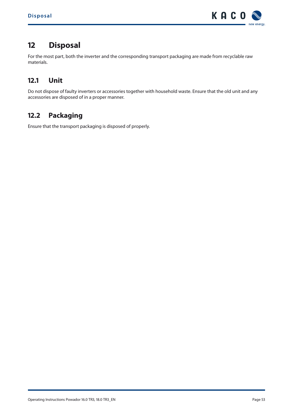 12 disposal, 1 unit, 2 packaging | KACO Powador 16.0 TR3 User Manual | Page 52 / 58