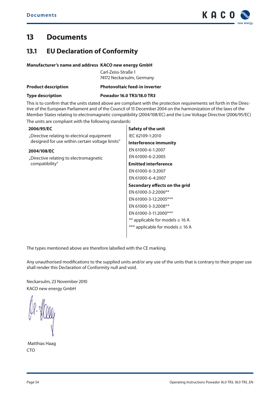 13 documents, 1 eu declaration of conformity | KACO Powador 16.0 TR3 User Manual | Page 53 / 58