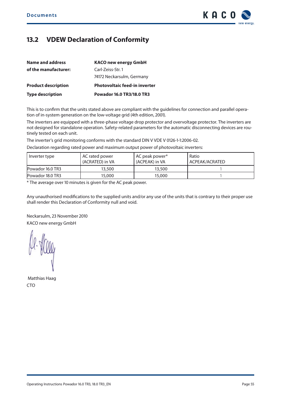 2 vdew declaration of conformity | KACO Powador 16.0 TR3 User Manual | Page 54 / 58