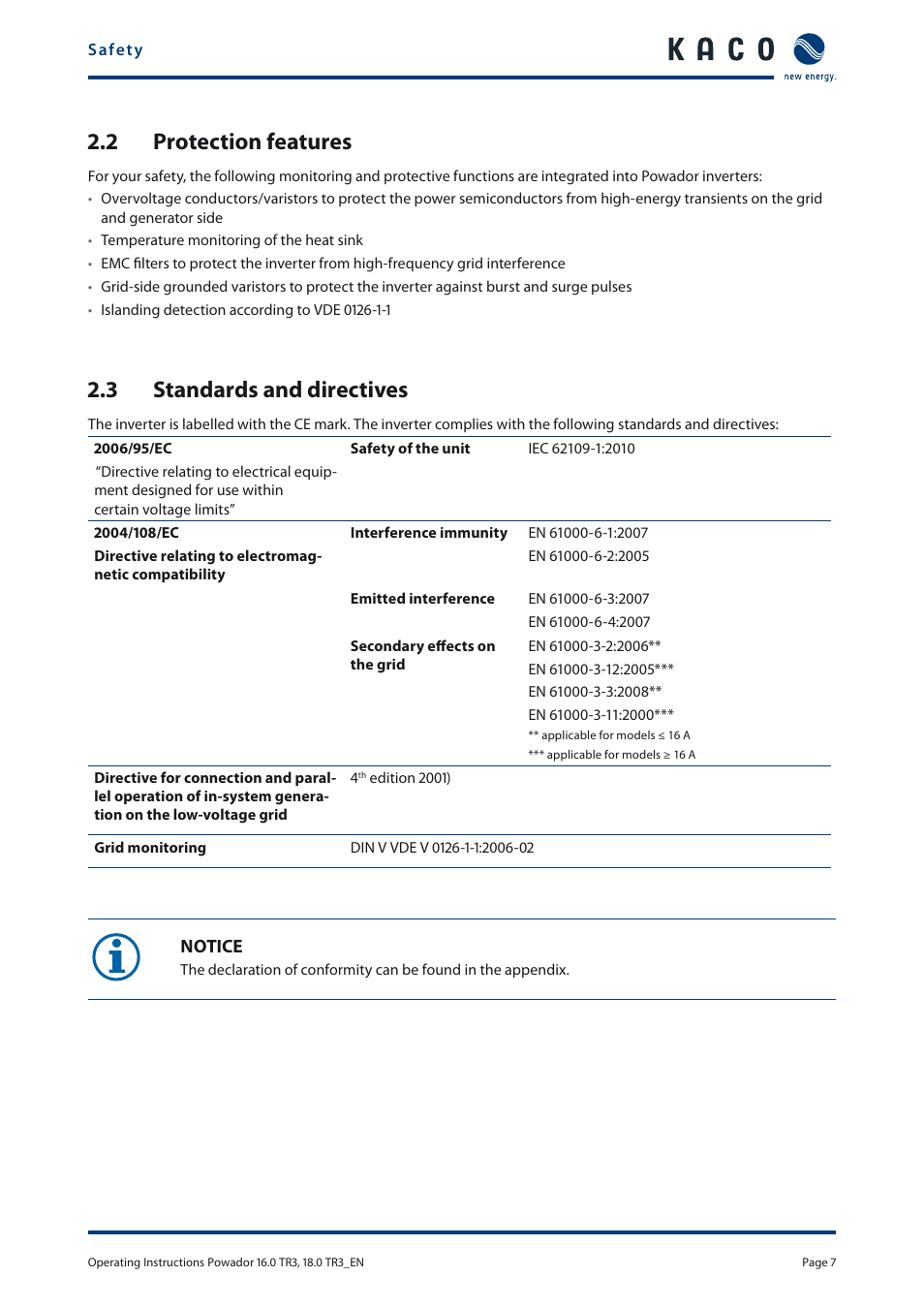 2 protection features, 3 standards and directives | KACO Powador 16.0 TR3 User Manual | Page 6 / 58