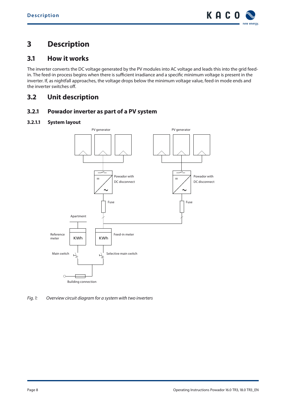 3 description, 1 how it works, 2 unit description | 1 powador inverter as part of a pv system | KACO Powador 16.0 TR3 User Manual | Page 7 / 58