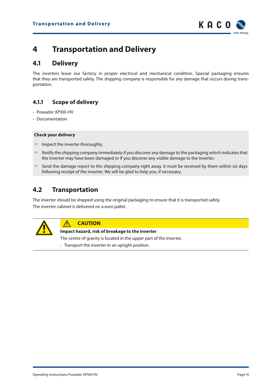 4transportation and delivery, 1 delivery, 2 transportation | KACO Powador XP100-HV User Manual | Page 13 / 96