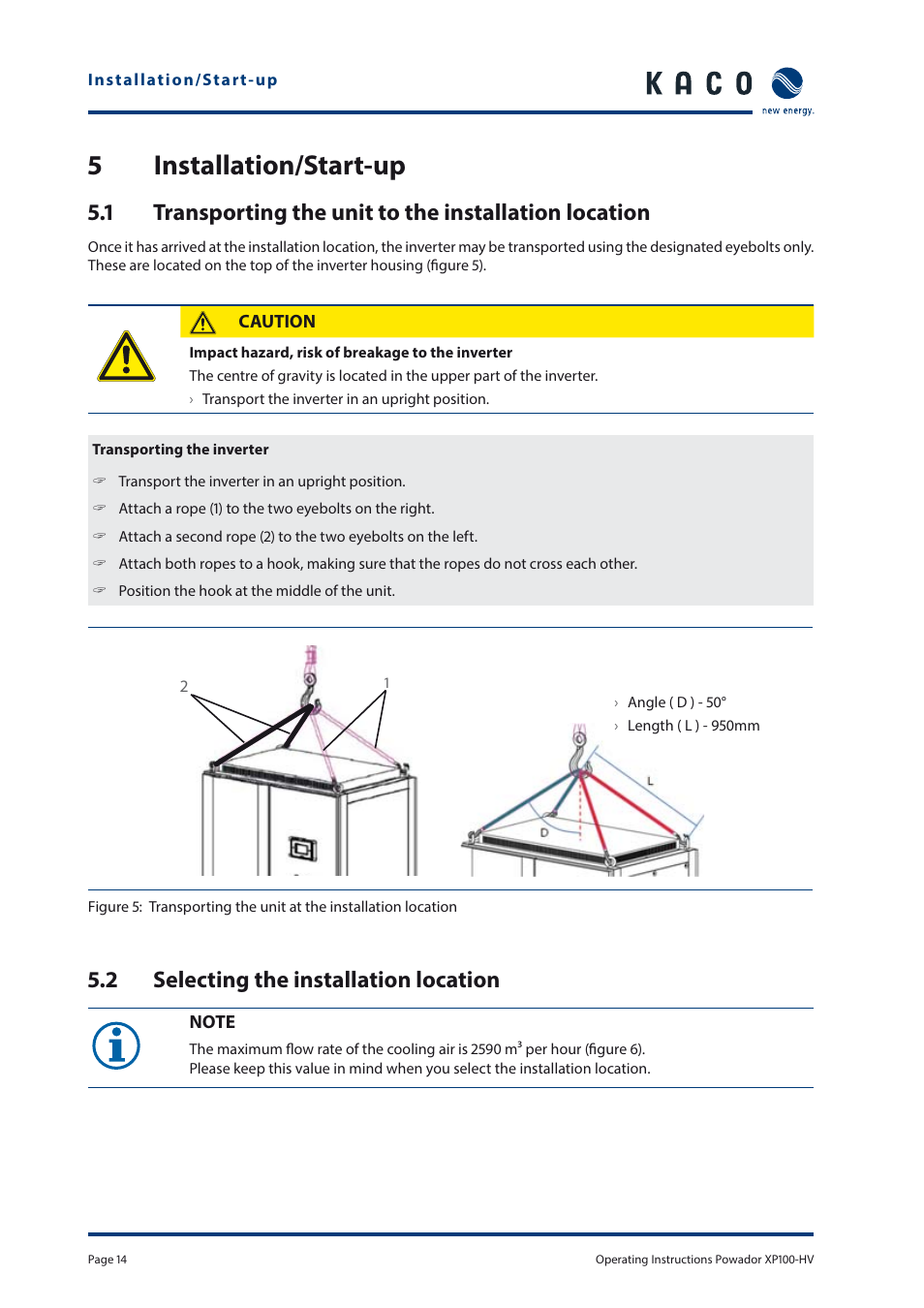 5 installation/start-up, 2 selecting the installation location | KACO Powador XP100-HV User Manual | Page 14 / 96