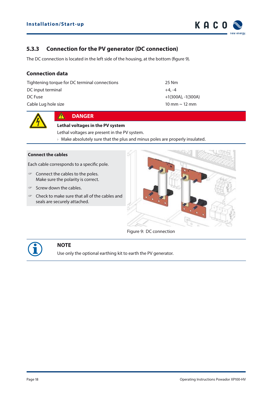 3 connection for the pv generator (dc connection) | KACO Powador XP100-HV User Manual | Page 18 / 96