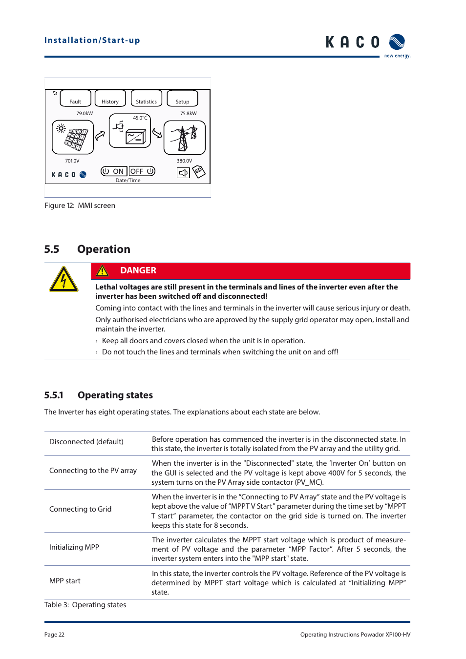 5 operation, 1 operating states, Danger | KACO Powador XP100-HV User Manual | Page 22 / 96