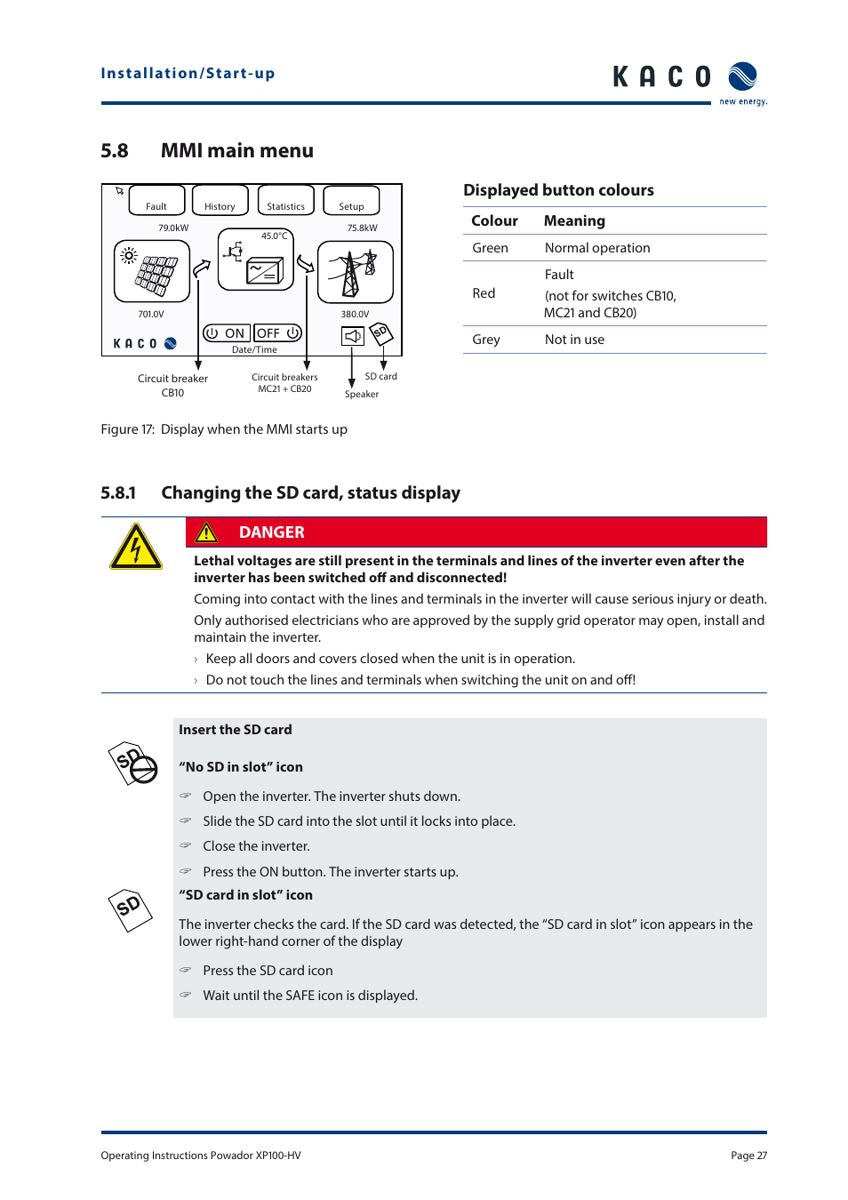 8 mmi main menu, 1 changing the sd card, status display, Displayed button colours | Danger | KACO Powador XP100-HV User Manual | Page 27 / 96