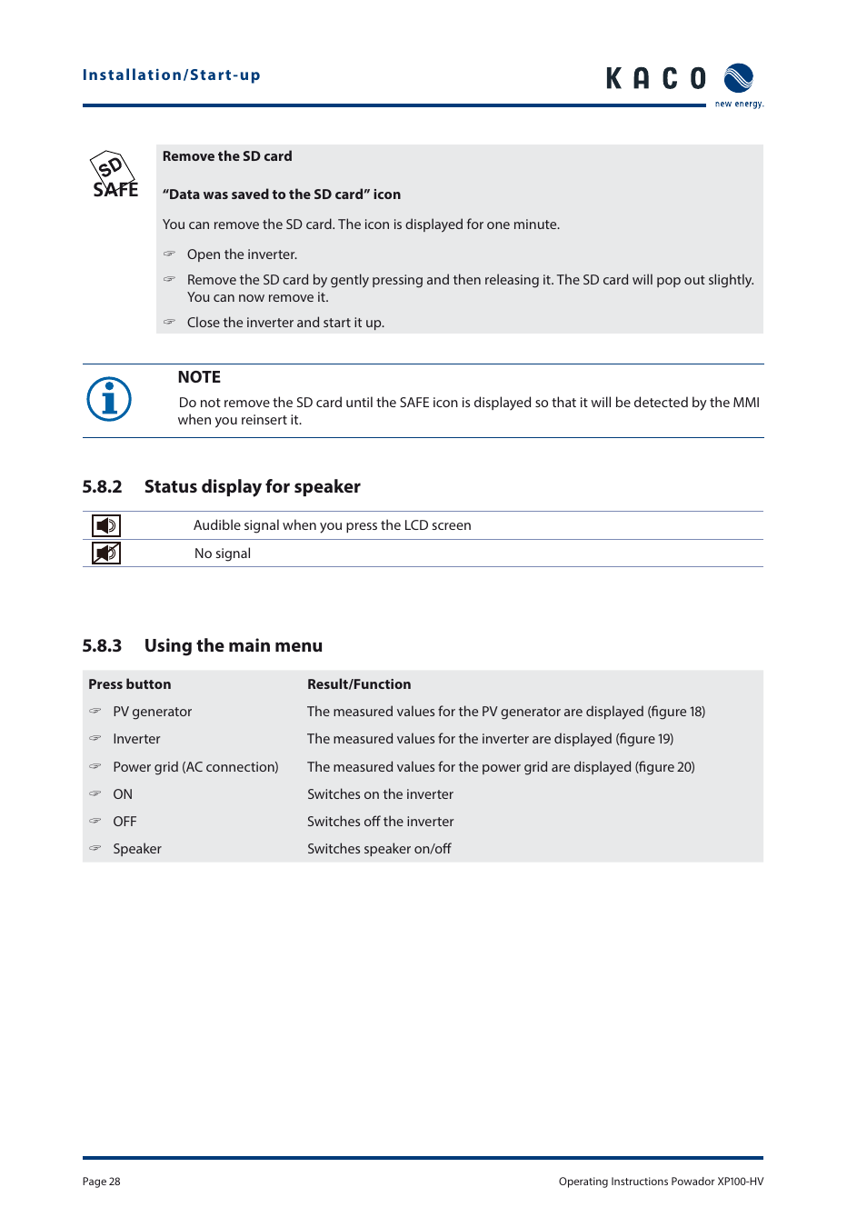 Safe, 2 status display for speaker, 3 using the main menu | KACO Powador XP100-HV User Manual | Page 28 / 96