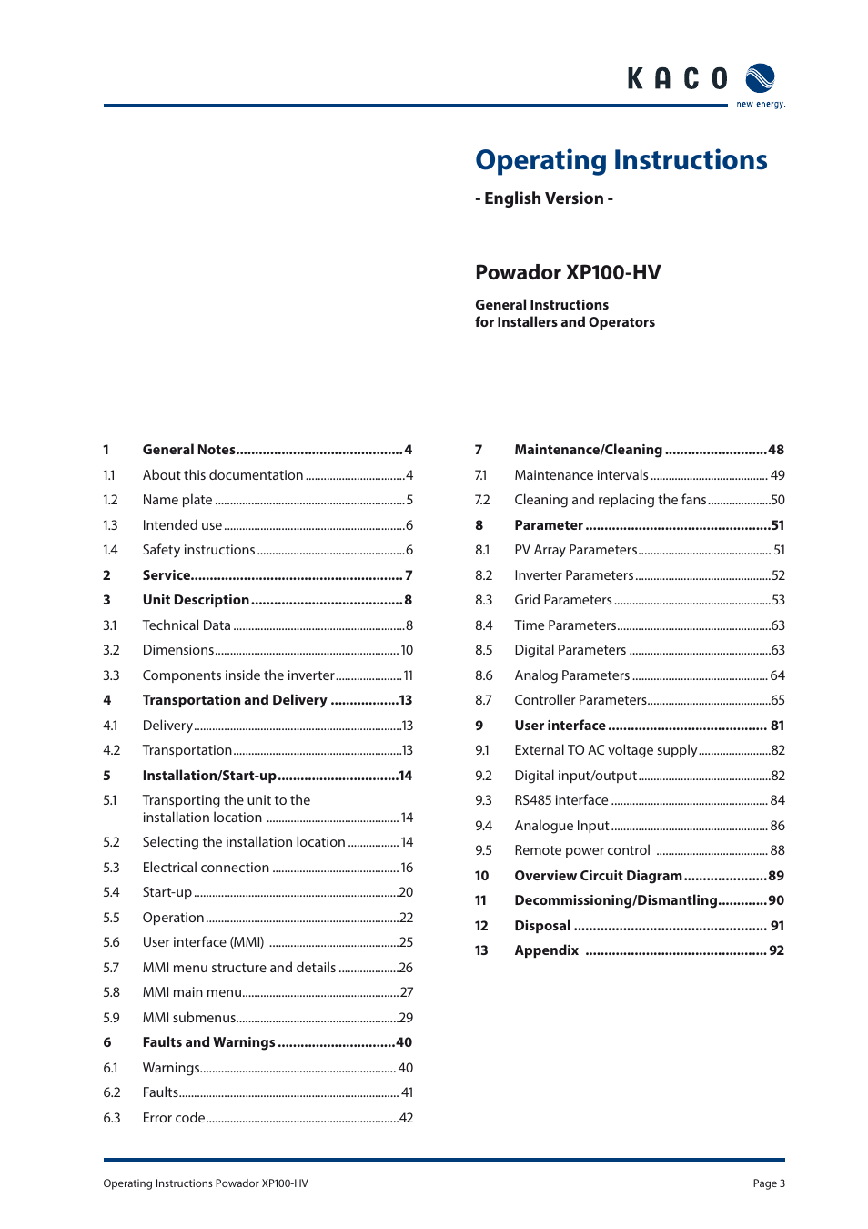 Operating instructions, Powador xp100-hv | KACO Powador XP100-HV User Manual | Page 3 / 96