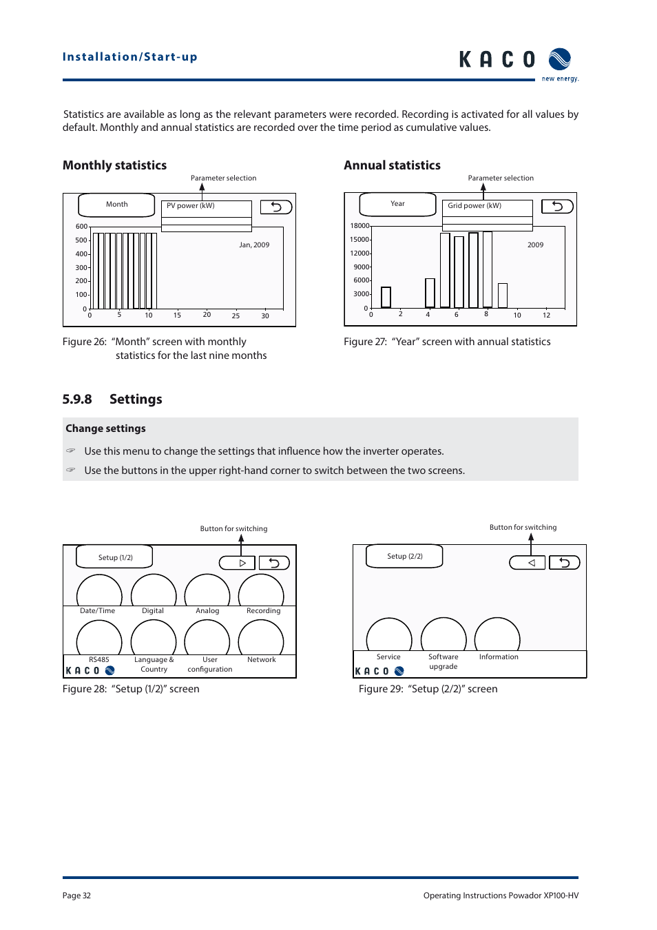 8 settings, Monthly statistics annual statistics | KACO Powador XP100-HV User Manual | Page 32 / 96