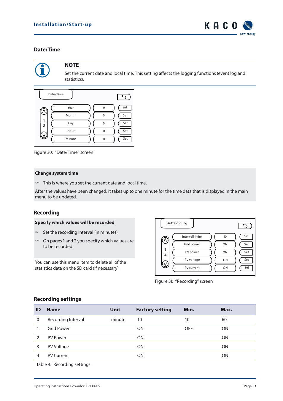 Recording, Recording settings | KACO Powador XP100-HV User Manual | Page 33 / 96