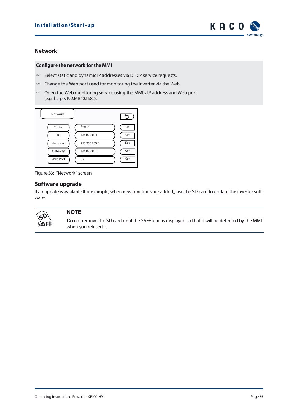 Safe, Network, Software upgrade | KACO Powador XP100-HV User Manual | Page 35 / 96