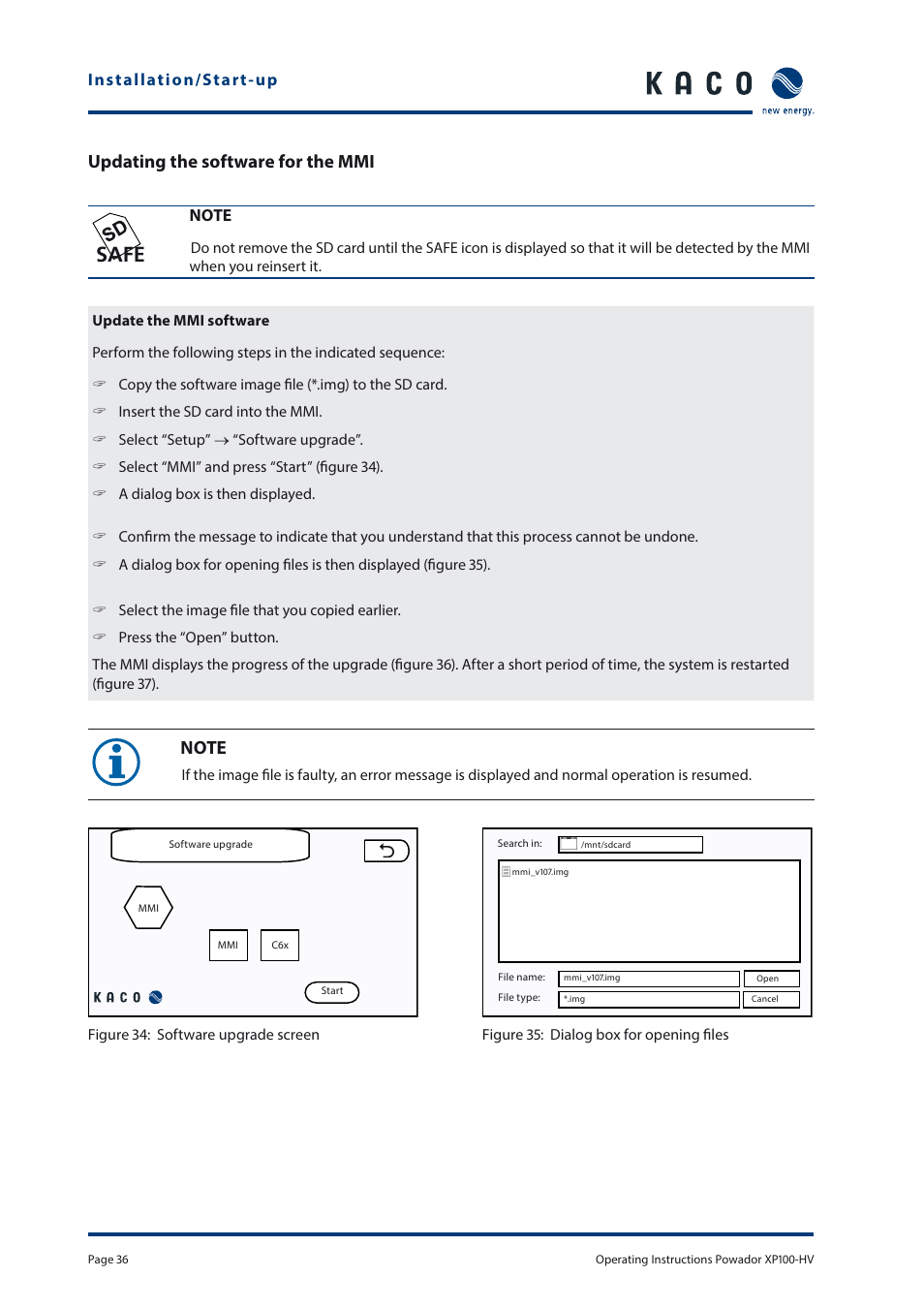 Safe, Updating the software for the mmi | KACO Powador XP100-HV User Manual | Page 36 / 96