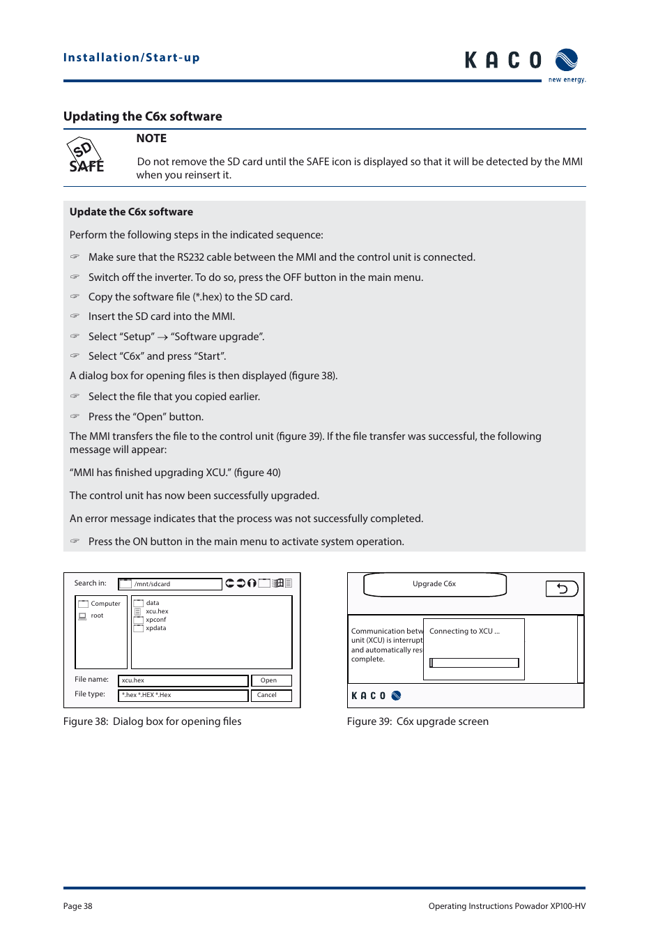 Safe, Updating the c6x software | KACO Powador XP100-HV User Manual | Page 38 / 96