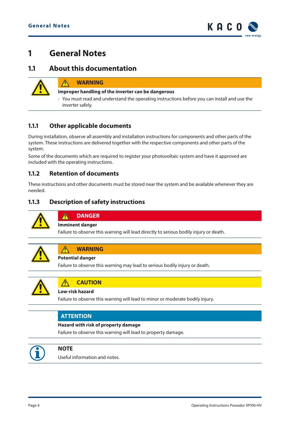 1 about this documentation | KACO Powador XP100-HV User Manual | Page 4 / 96