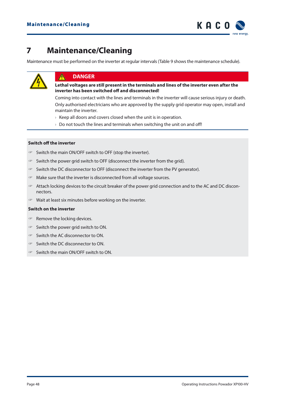 7 maintenance/cleaning | KACO Powador XP100-HV User Manual | Page 48 / 96