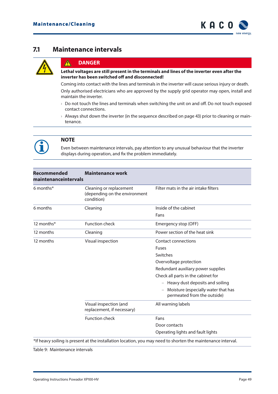 1 maintenance intervals | KACO Powador XP100-HV User Manual | Page 49 / 96