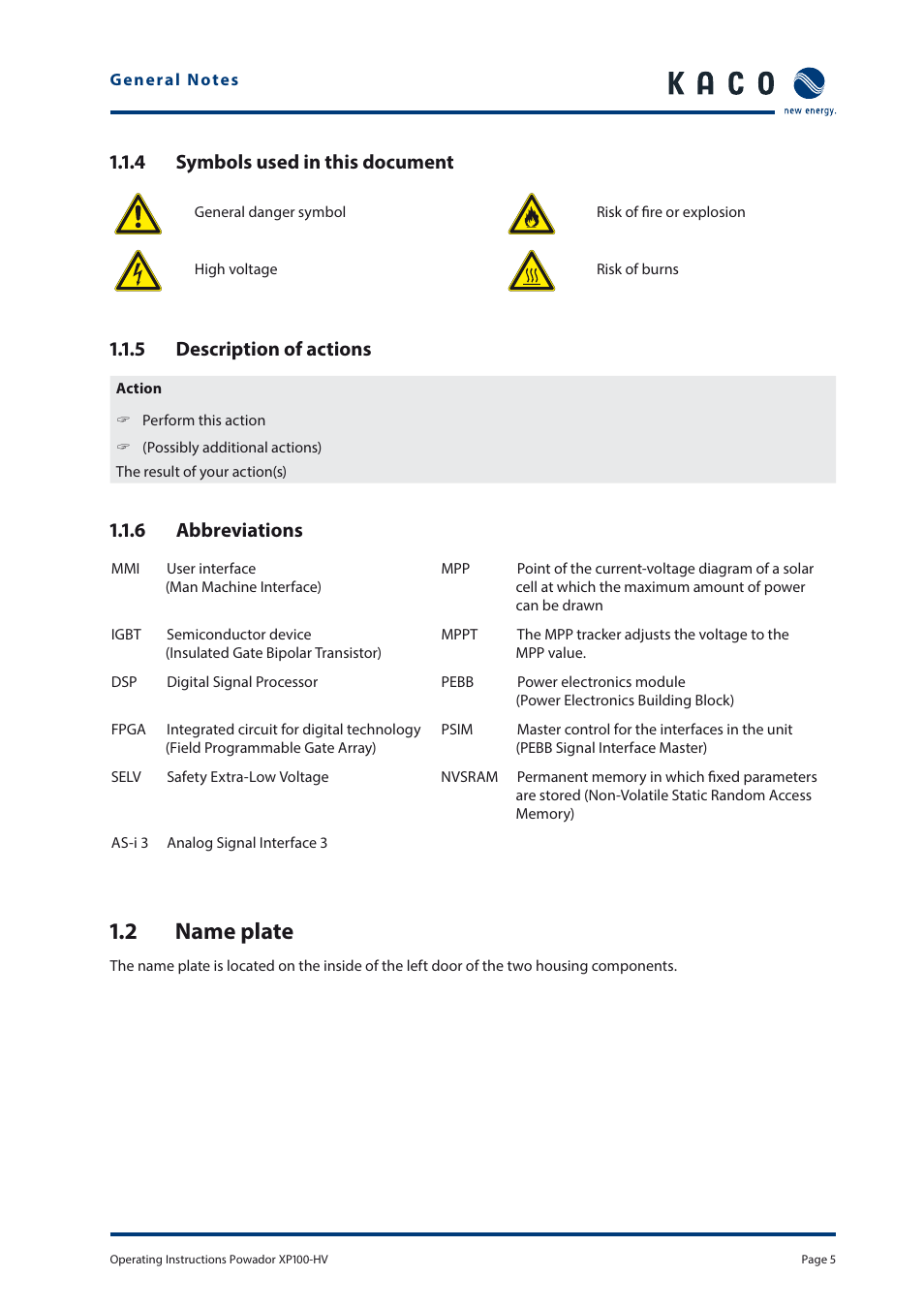 2 name plate | KACO Powador XP100-HV User Manual | Page 5 / 96