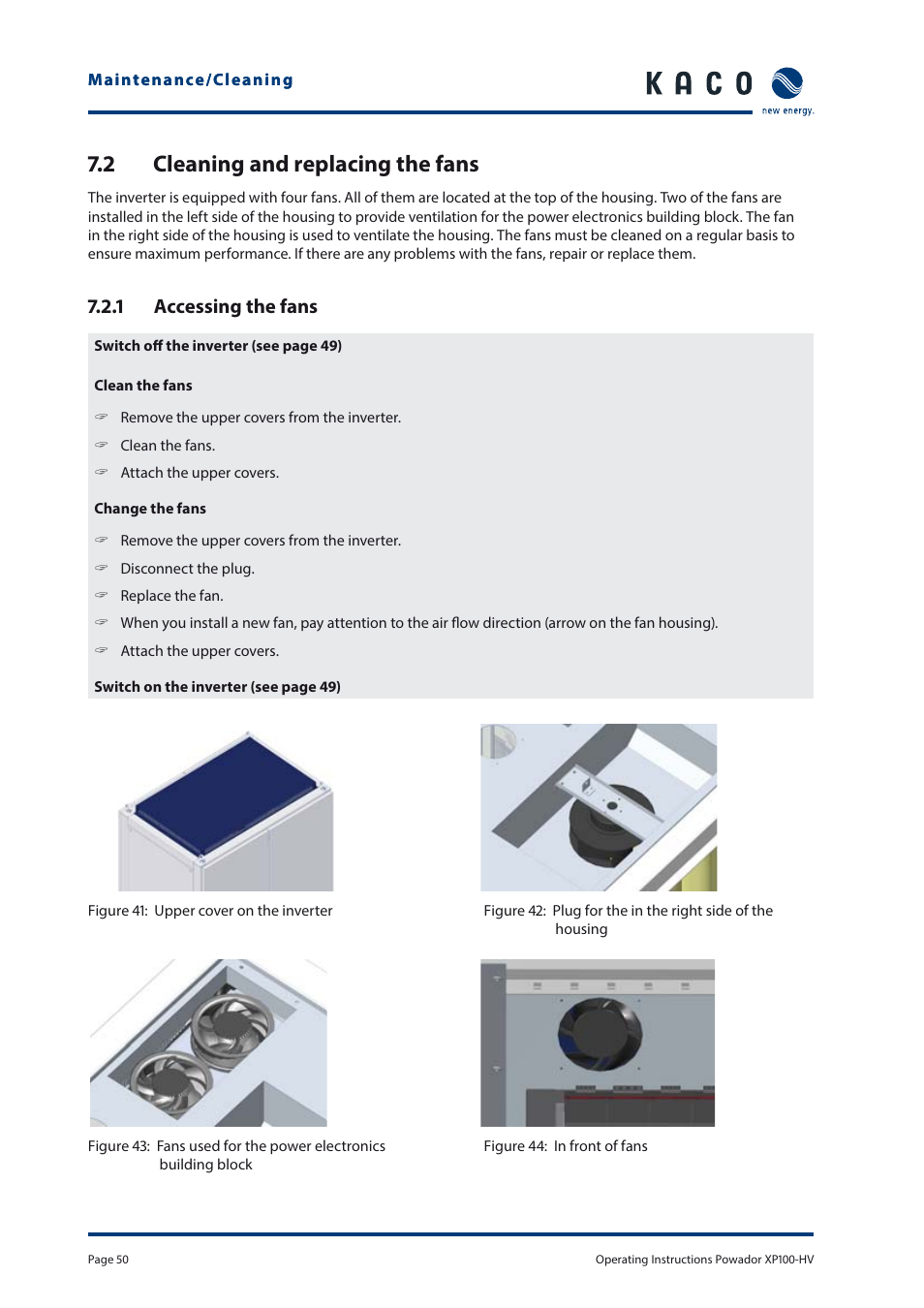 2 cleaning and replacing the fans, 1 accessing the fans | KACO Powador XP100-HV User Manual | Page 50 / 96