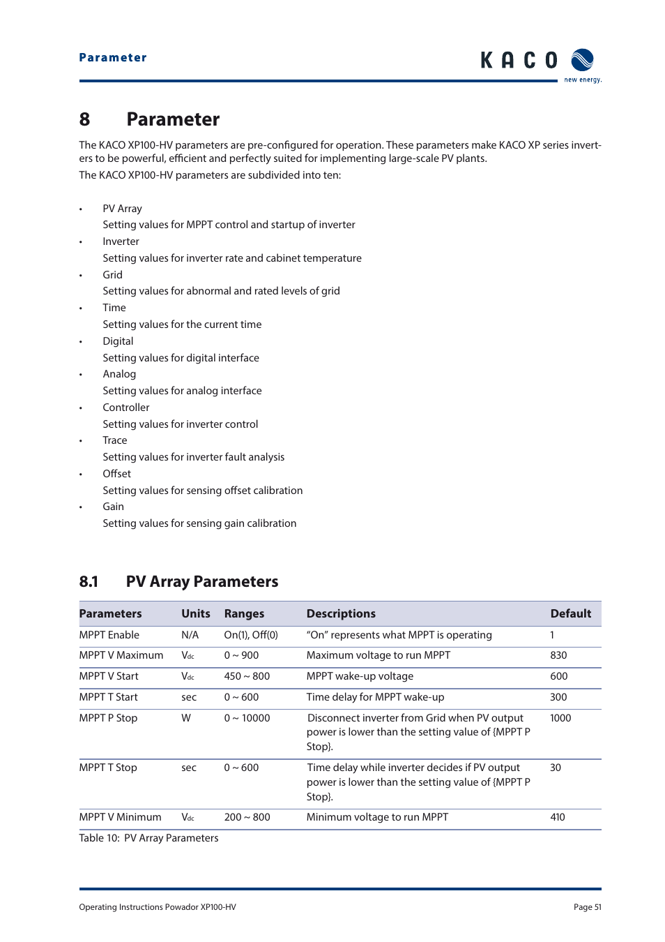 8 parameter, 1 pv array parameters | KACO Powador XP100-HV User Manual | Page 51 / 96