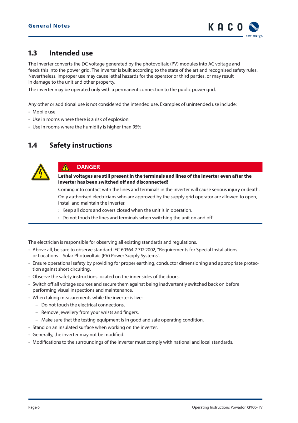 3 intended use, 4 safety instructions | KACO Powador XP100-HV User Manual | Page 6 / 96