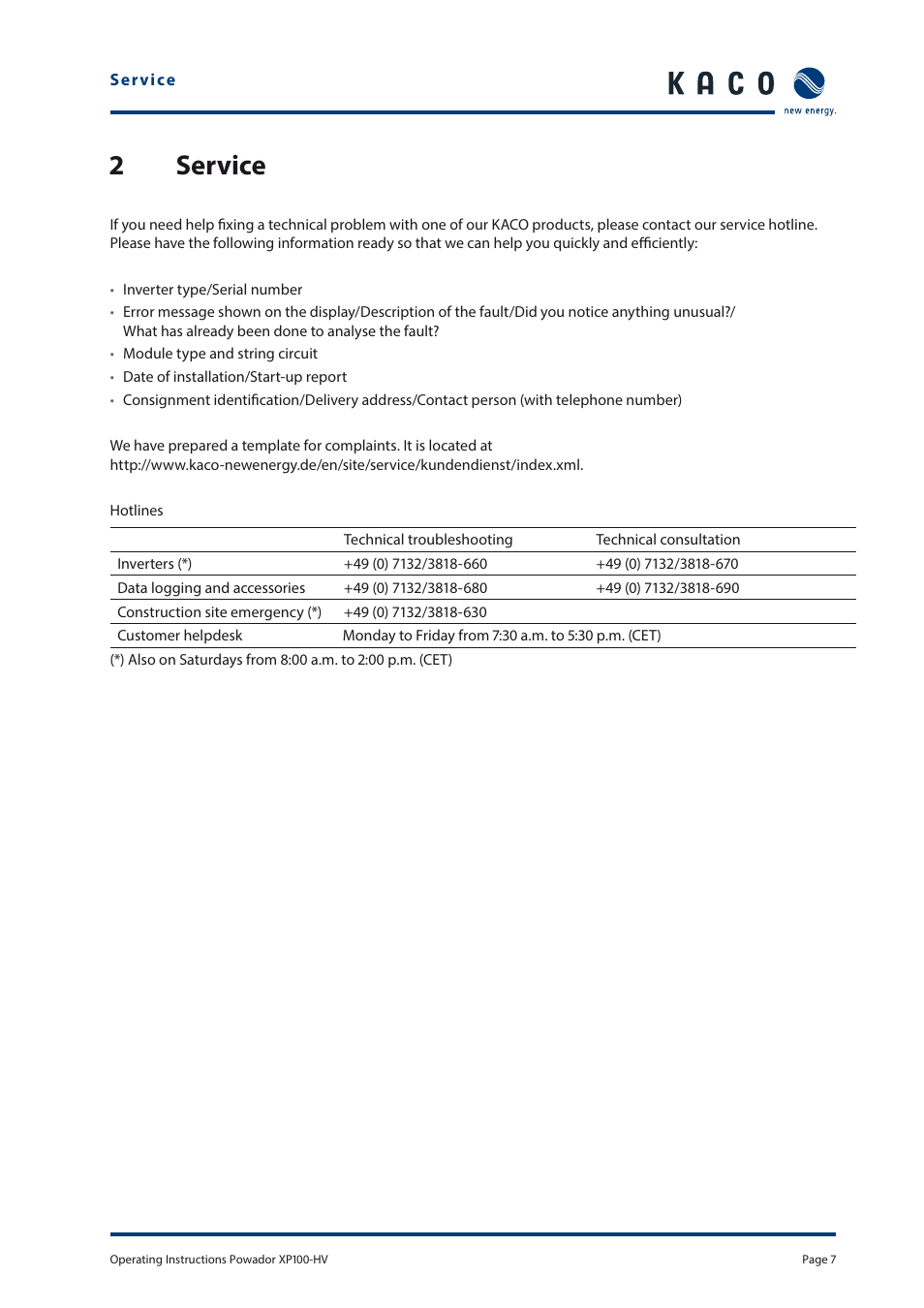 2 service | KACO Powador XP100-HV User Manual | Page 7 / 96