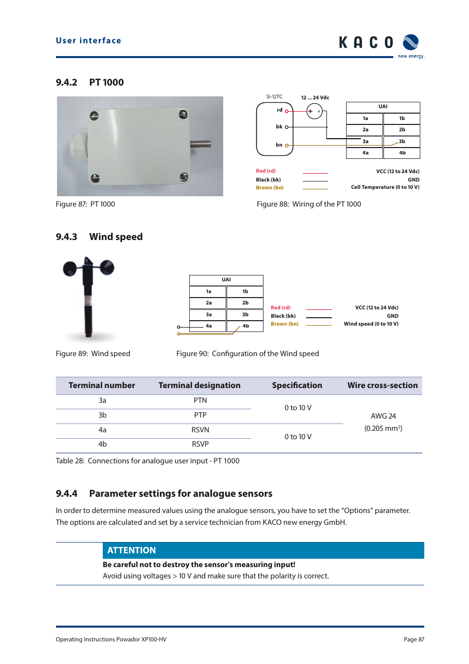 3 wind speed, 4 parameter settings for analogue sensors, Attention | KACO Powador XP100-HV User Manual | Page 87 / 96