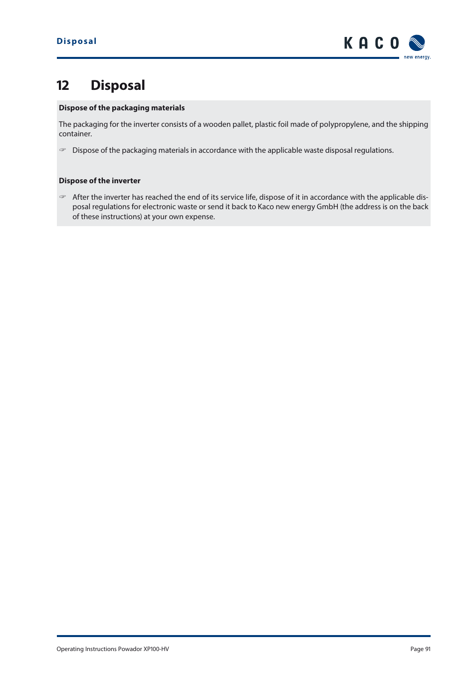 12 disposal | KACO Powador XP100-HV User Manual | Page 91 / 96