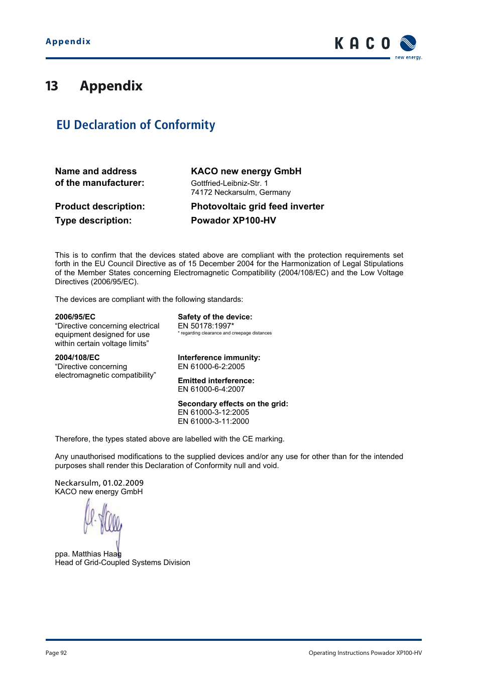 13 appendix, Eu declaration of conformity | KACO Powador XP100-HV User Manual | Page 92 / 96