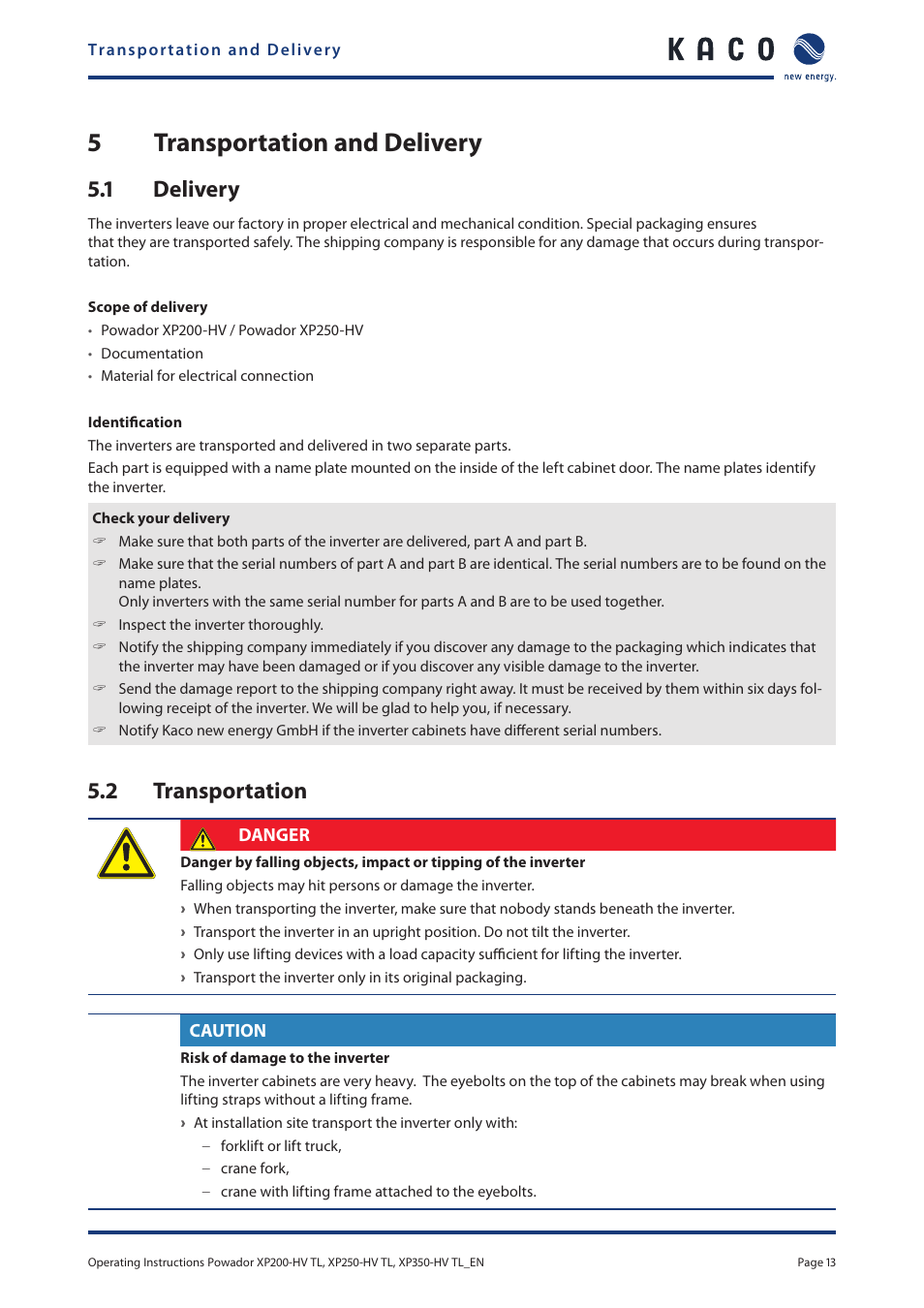 5 transportation and delivery, 1 delivery, 2 transportation | Transportation and delivery, 1 delivery 5.2 transportation, 5transportation and delivery | KACO Powador XP200-HV TL User Manual | Page 13 / 90