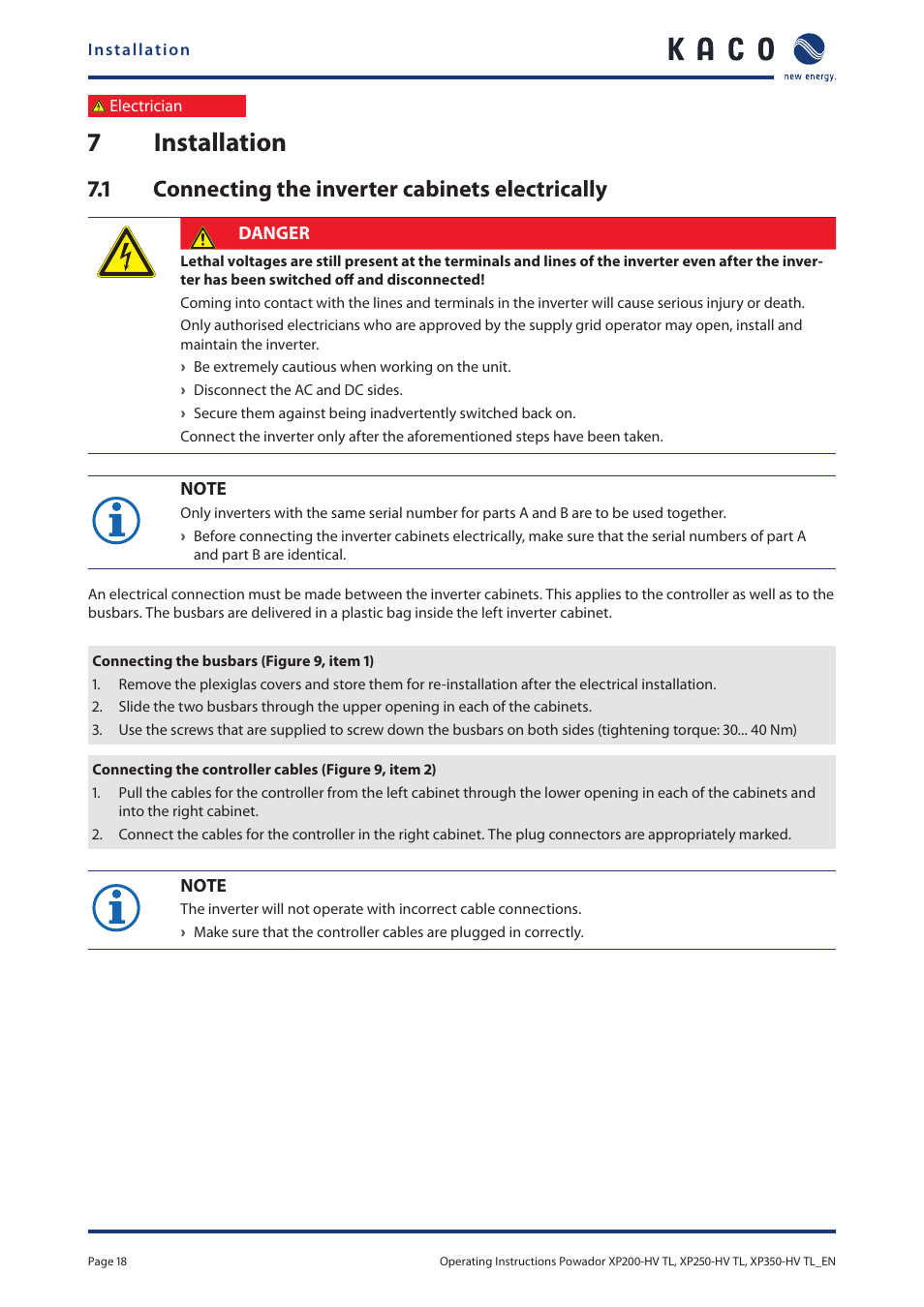 7 installation, 1 connecting the inverter cabinets electrically, 7 installation 7.1 | Connecting the inverter cabinets, Electrically, 7installation | KACO Powador XP200-HV TL User Manual | Page 18 / 90