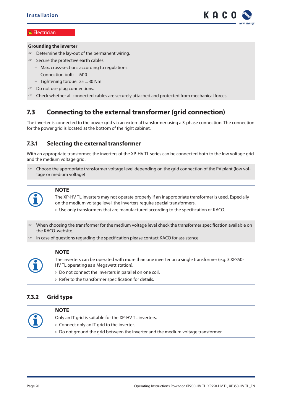 Connecting to the external transformer, Grid connection), 1 selecting the external transformer | 2 grid type | KACO Powador XP200-HV TL User Manual | Page 20 / 90