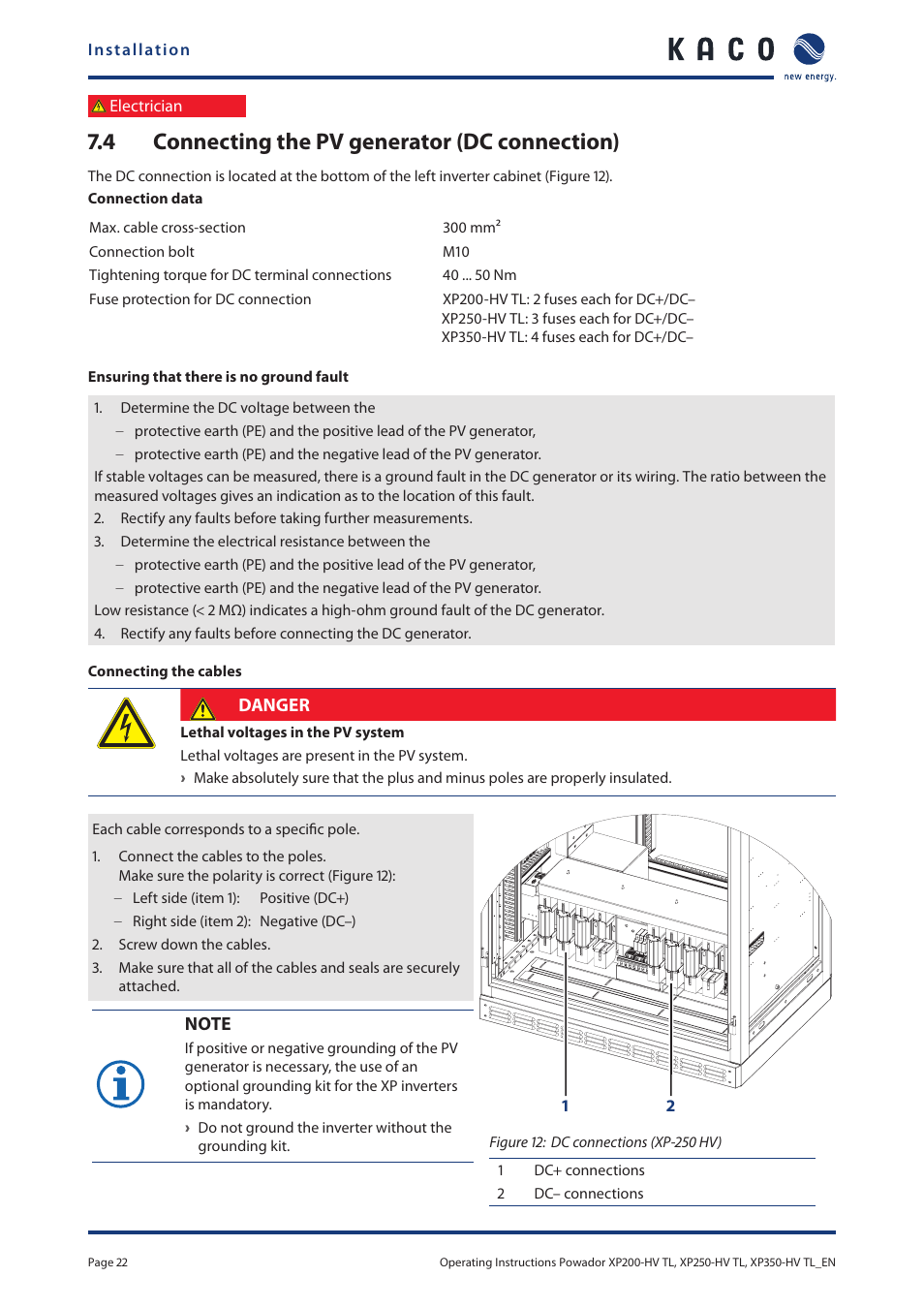 4 connecting the pv generator (dc connection), Connecting the pv generator, Dc connection) | KACO Powador XP200-HV TL User Manual | Page 22 / 90