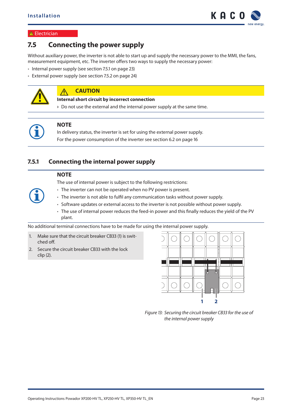 5 connecting the power supply, Connecting the power supply, 1 connecting the internal power supply | KACO Powador XP200-HV TL User Manual | Page 23 / 90