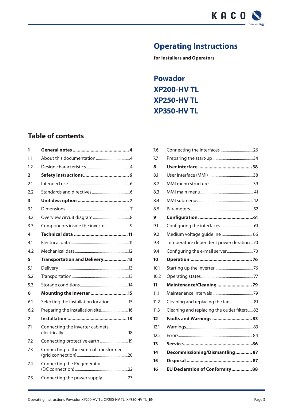 KACO Powador XP200-HV TL User Manual | Page 3 / 90