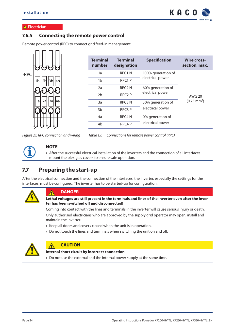 7 preparing the start-up, Preparing the start-up, 5 connecting the remote power control | KACO Powador XP200-HV TL User Manual | Page 34 / 90