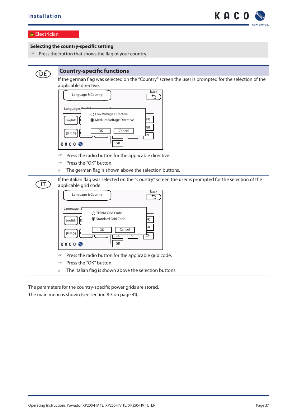 De country-specific functions, Installation, Electrician | KACO Powador XP200-HV TL User Manual | Page 37 / 90