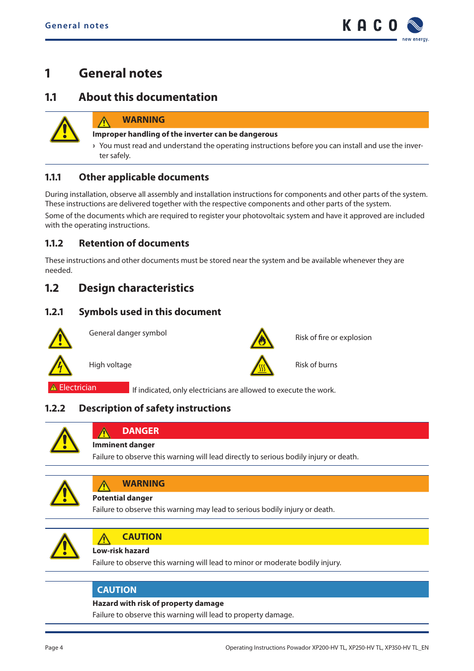 1 general notes, 1 about this documentation, 2 design characteristics | General notes, About this documentation, Design characteristics | KACO Powador XP200-HV TL User Manual | Page 4 / 90